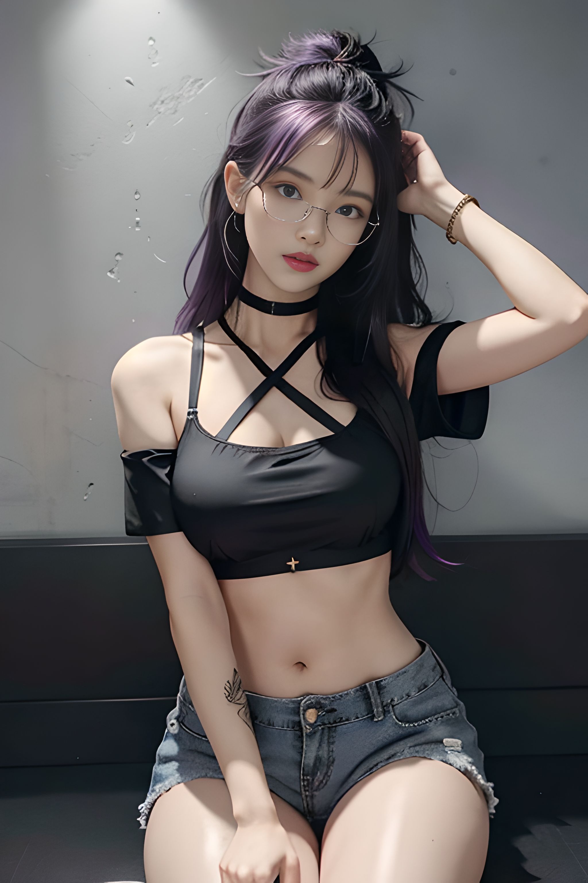 吊带上衣和紧身裤子拉丁舞服,黑色吊带背心蓝色紧身裤