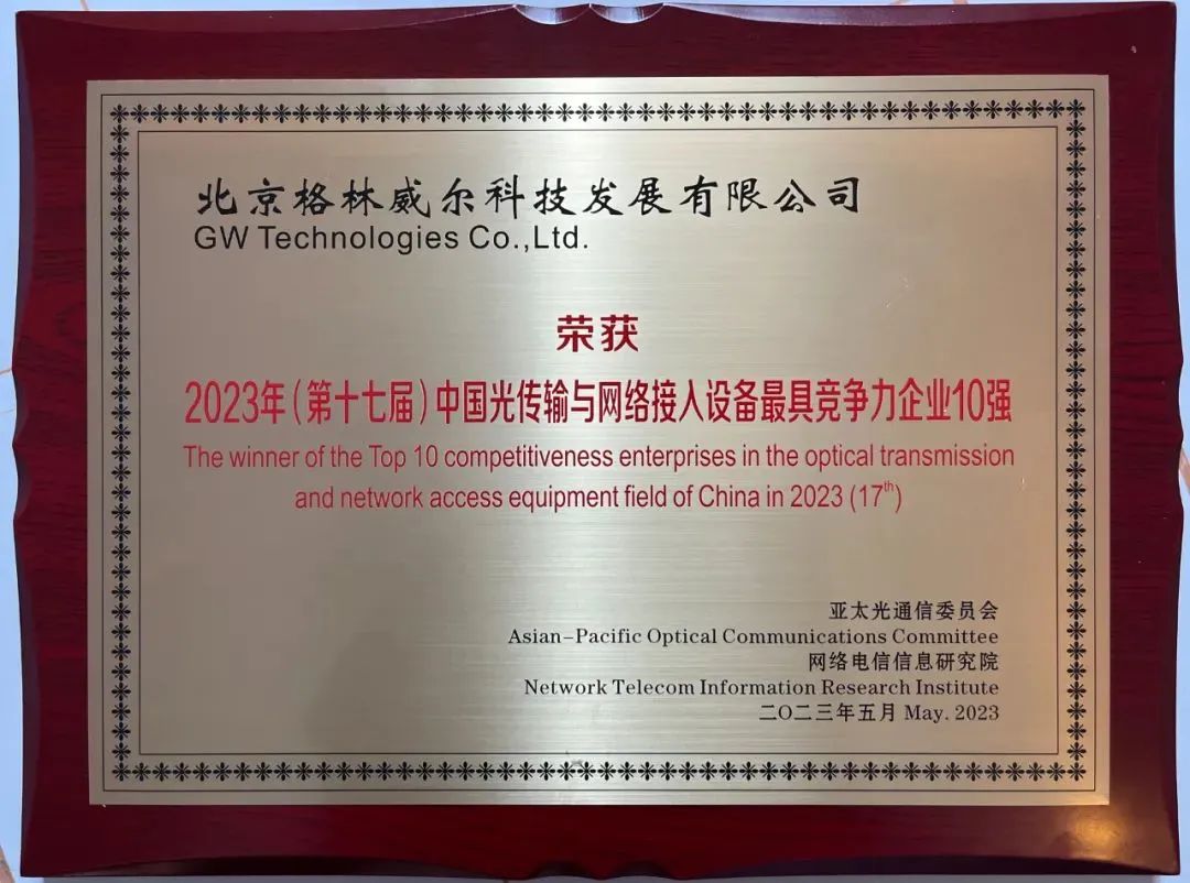 格林威尔获得“2023年（第十七届）中国光传输与网络接入设备最具竞争力企业10强”