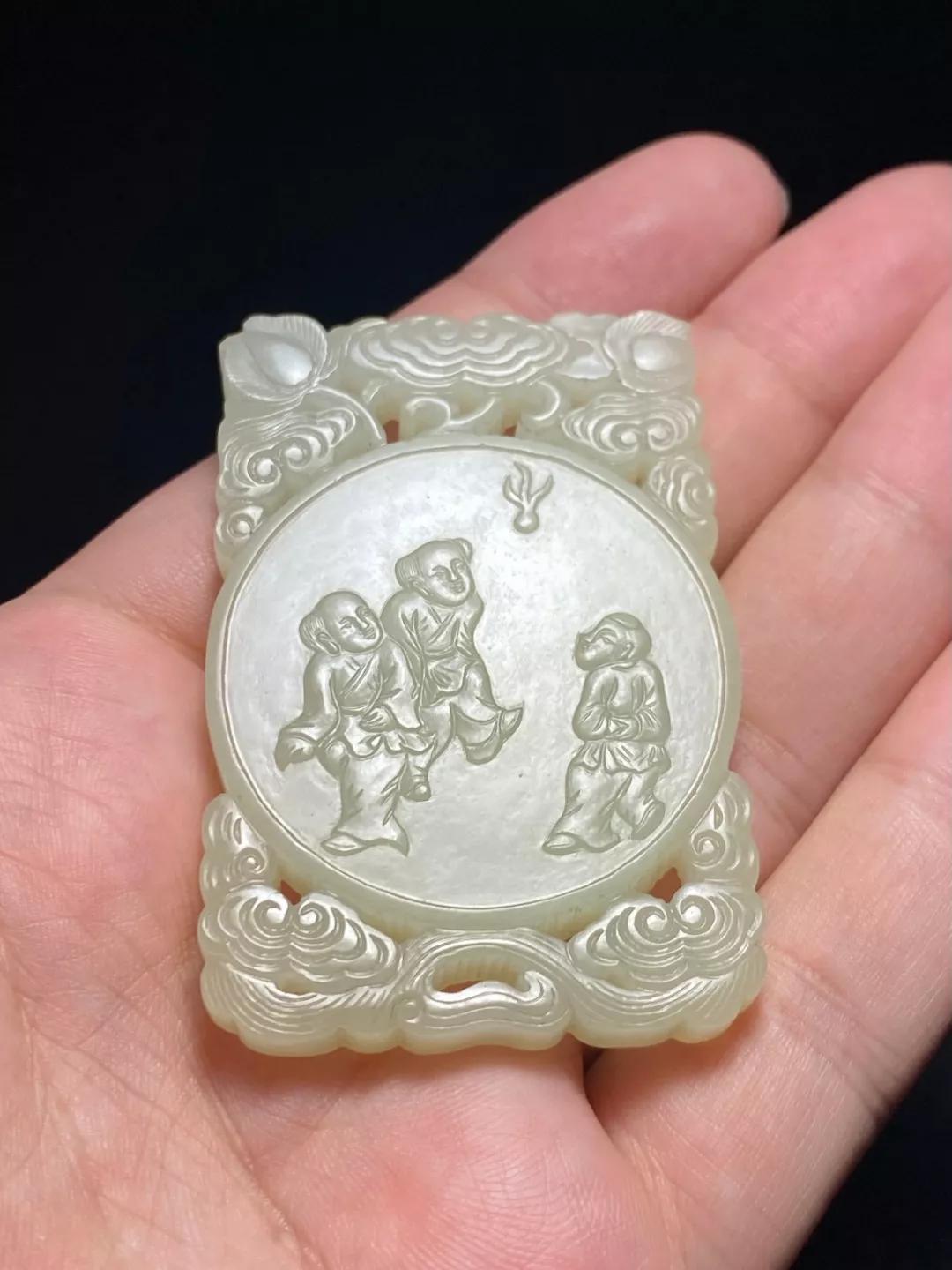 清中期和田羊脂白玉童子,清中期和田白玉双喜玉牌图片