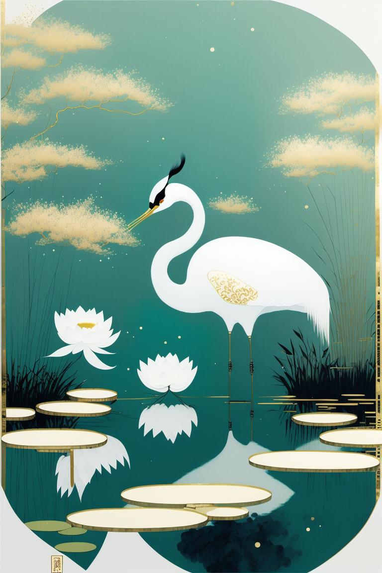 水墨画荷花中的芦苇水草,水墨荷花水中倒影绘画