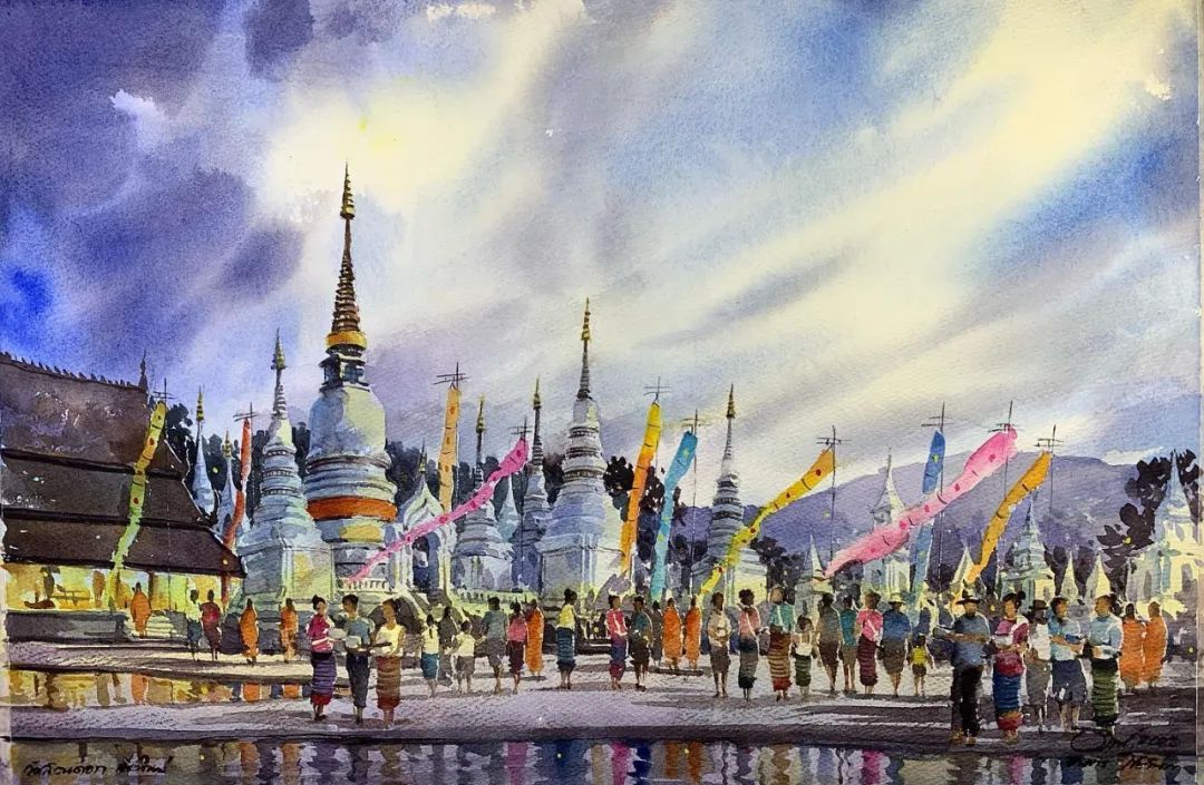 泰国水彩,泰国水彩画家绘画过程