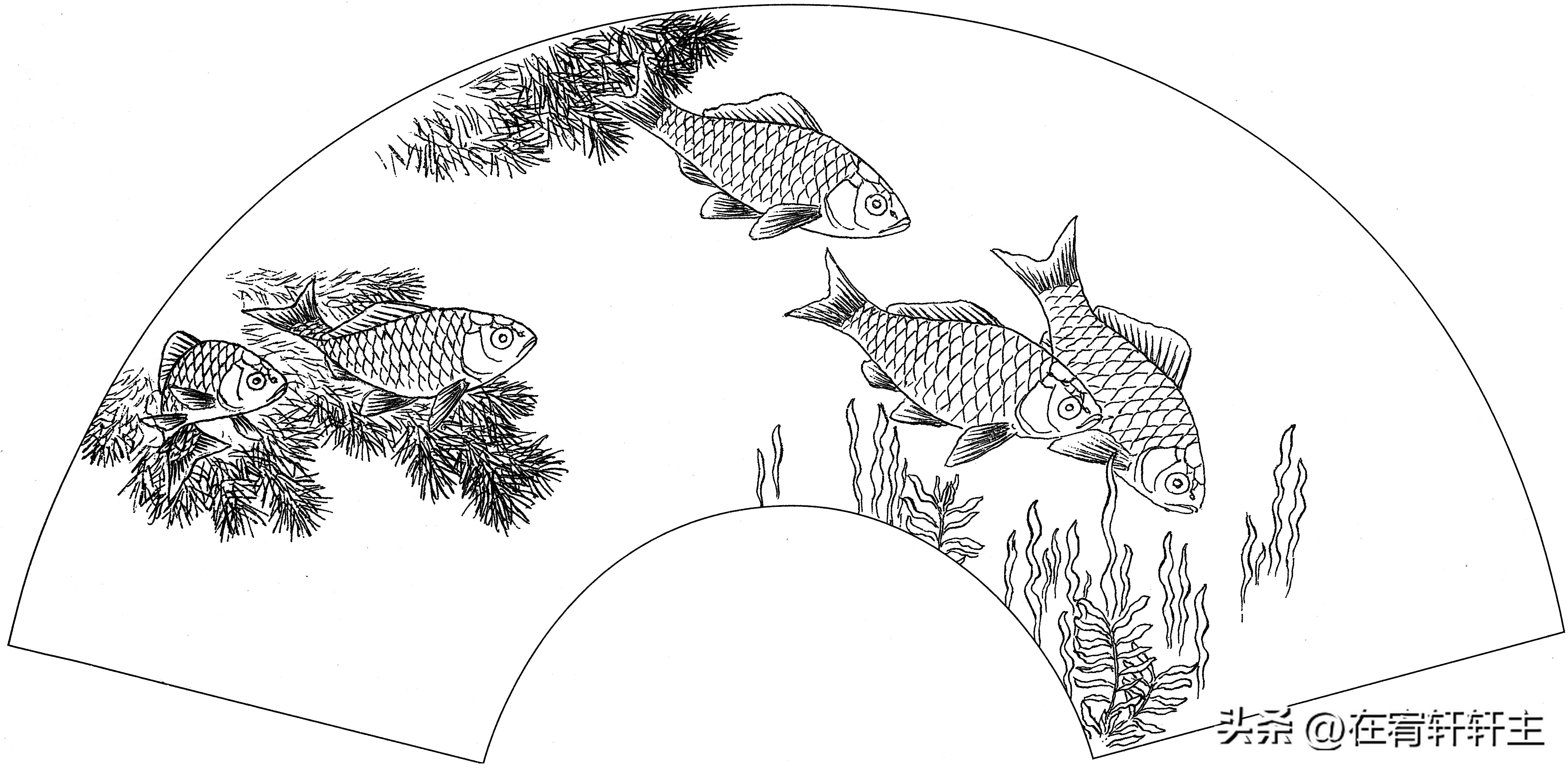 工笔白描祥云图案扇面,工笔扇面葡萄白描图片