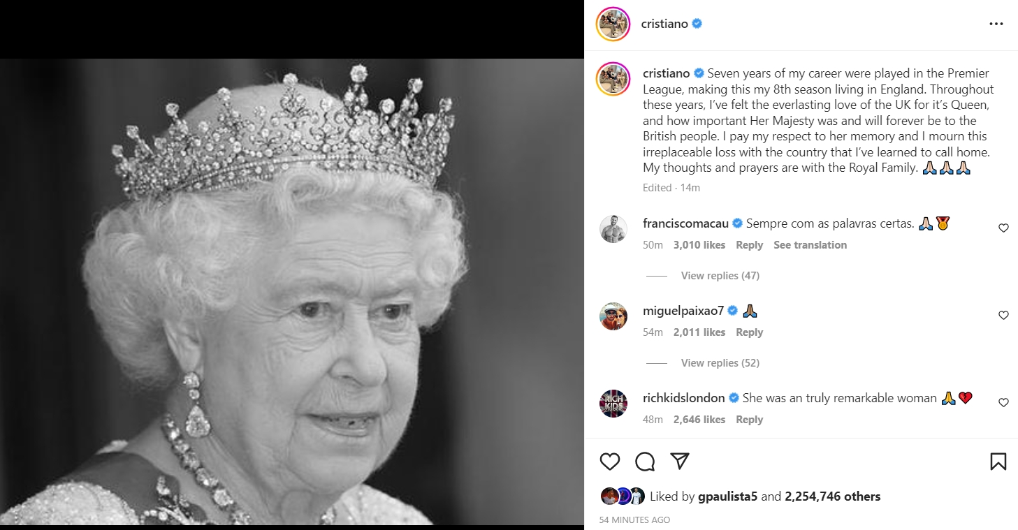 c罗哀悼伊丽莎白二世,c罗悼念英国女王曼联