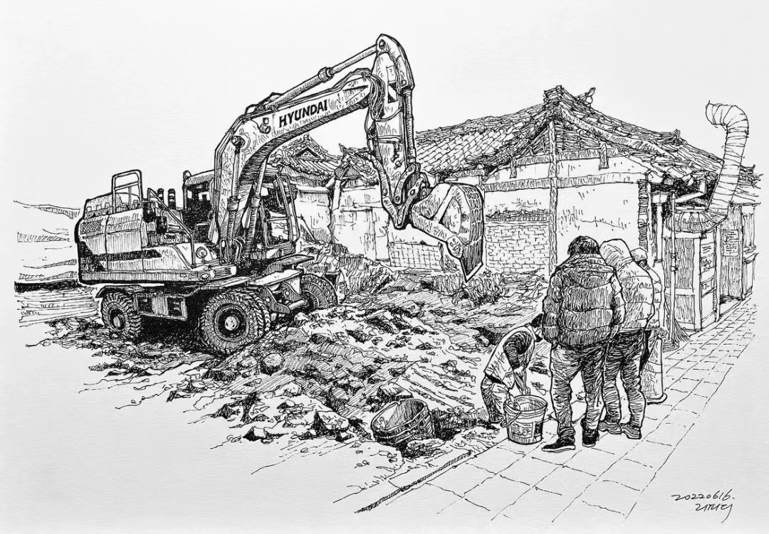 日本画家创作的铅笔街景速写,韩国速写大师