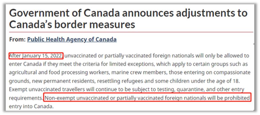 加拿大入境对疫苗的要求,加拿大的疫苗入境限制何时结束