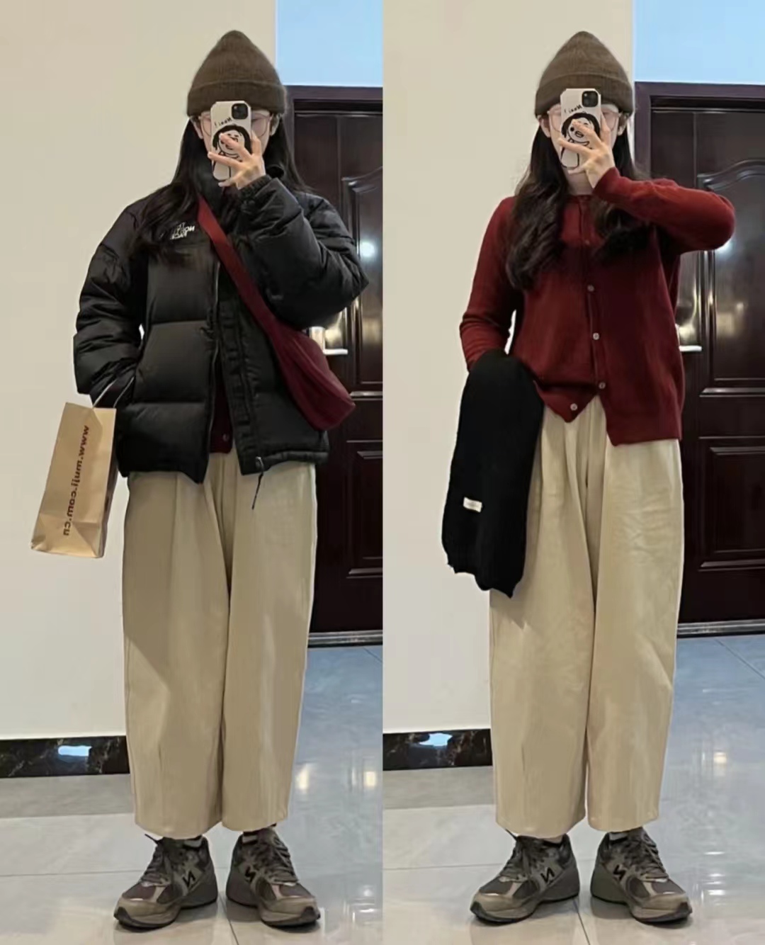 19冬羽绒服穿搭,韩款黑色羽绒服搭棕色长靴