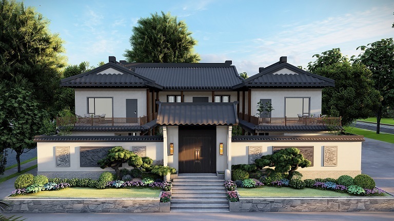 陕西关中民居庭院设计效果图,陕西农村新中式别墅庭院设计