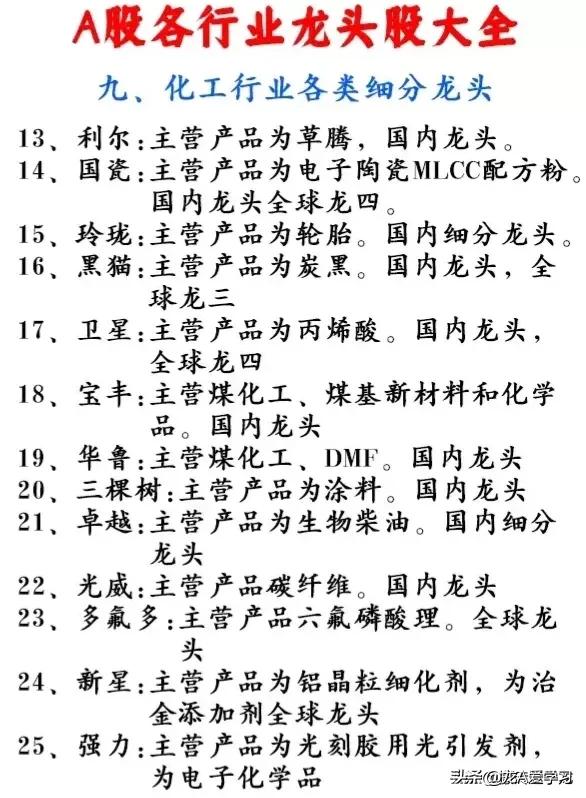 2019年各细分行业龙头股一览表,2023年各行业龙头股清单