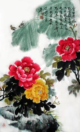 名家写意孔雀牡丹横幅画图片大全,国画写意牡丹画作品名家